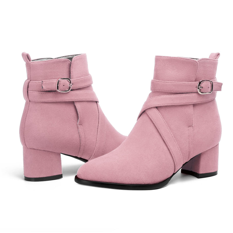 Women's Round Toe Suede Ankle Boots w/Straps and Buckle Accents, Low Chunky Heel  (24 colors)