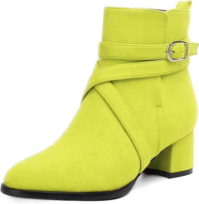 Women's Round Toe Suede Ankle Boots w/Straps and Buckle Accents, Low Chunky Heel  (24 colors)