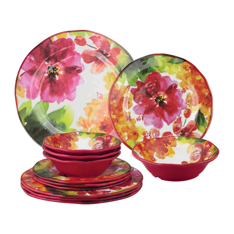 12-Pc Pink Floral Melamine Dinnerware Set, Indoor/Outdoor Dishes Set, Service for 4