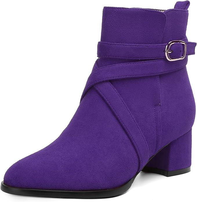 Women's Round Toe Suede Ankle Boots w/Straps and Buckle Accents, Low Chunky Heel  (24 colors)