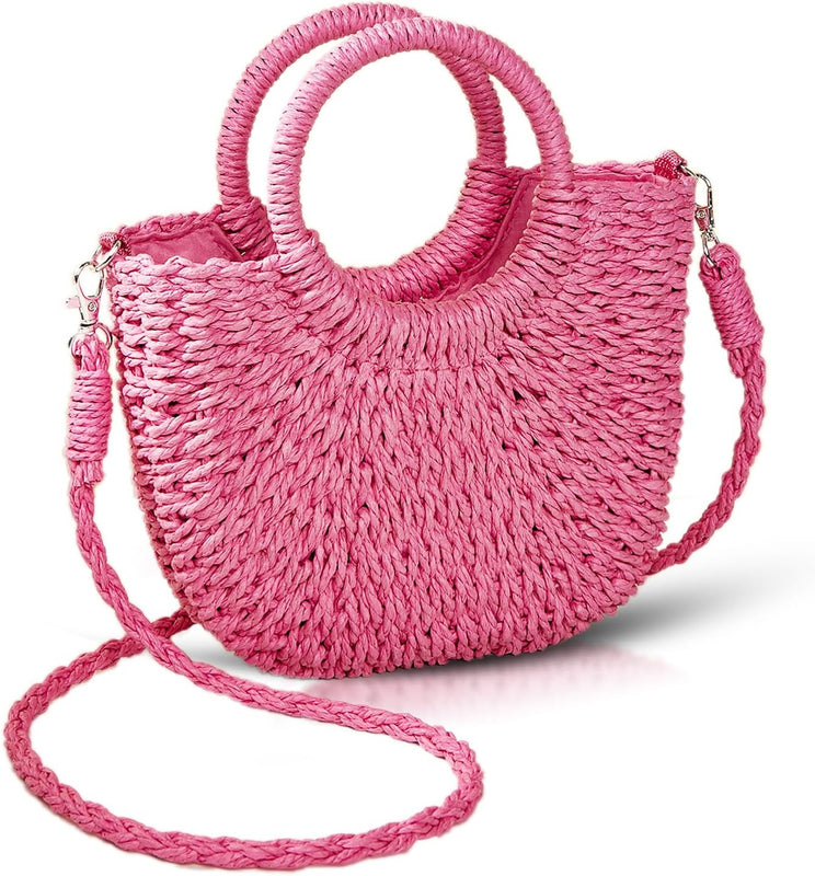 Handwoven Summer Tote Bag, Semi-Circle Rattan Straw Shoulder Crossbody Purse  (10 colors)