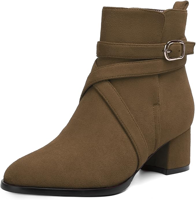 Women's Round Toe Suede Ankle Boots w/Straps and Buckle Accents, Low Chunky Heel  (24 colors)