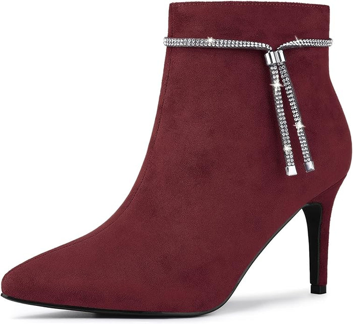 Women's Suede Ankle Boot with Rhinestone Accents, Pointed Toe, Stiletto Heel  (5 colors)