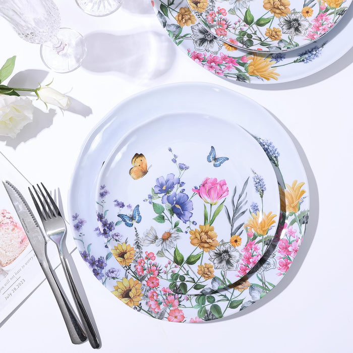 12-Pc Melamine Floral Dinnerware Set, Flowers & Butterflies, BPA-Free, Service for 4