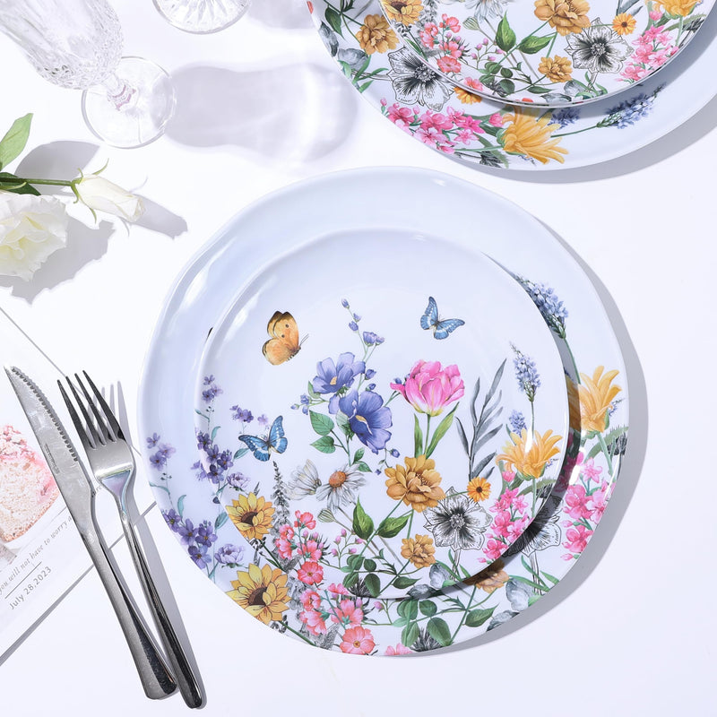 12-Pc Melamine Floral Dinnerware Set, Flowers & Butterflies, BPA-Free, Service for 4