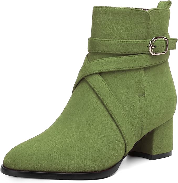 Women's Round Toe Suede Ankle Boots w/Straps and Buckle Accents, Low Chunky Heel  (24 colors)