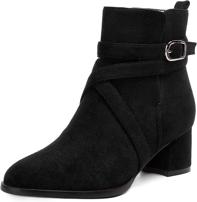 Women's Round Toe Suede Ankle Boots w/Straps and Buckle Accents, Low Chunky Heel  (24 colors)