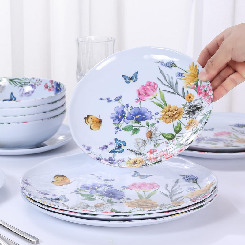 12-Pc Melamine Floral Dinnerware Set, Flowers & Butterflies, BPA-Free, Service for 4
