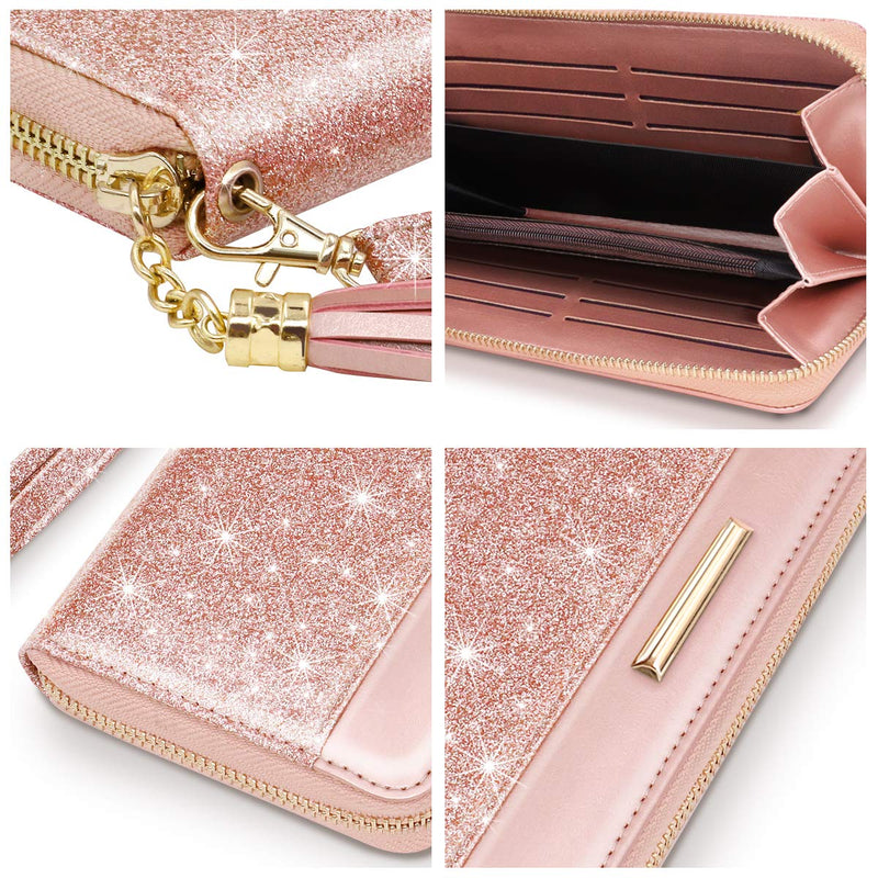 RFID Blocking Clutch Wallet w/Wrist Strap and Tassel, Glitter Leather  (5 colors)