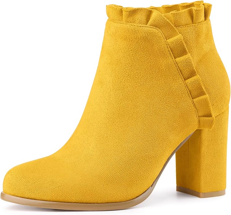 Women's Round Toe Ankle Boot, Sueded, Ruffled, High Block Heel  (7 colors)