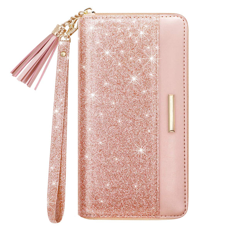 RFID Blocking Clutch Wallet w/Wrist Strap and Tassel, Glitter Leather  (5 colors)