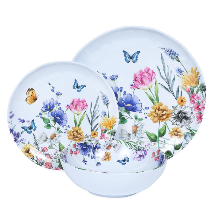12-Pc Melamine Floral Dinnerware Set, Flowers & Butterflies, BPA-Free, Service for 4