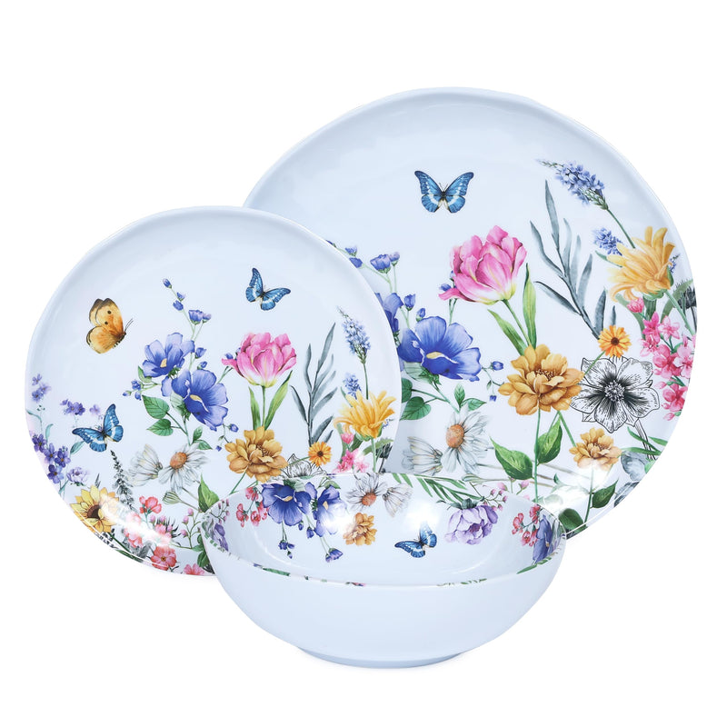 12-Pc Melamine Floral Dinnerware Set, Flowers & Butterflies, BPA-Free, Service for 4