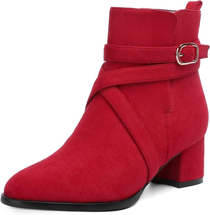 Women's Round Toe Suede Ankle Boots w/Straps and Buckle Accents, Low Chunky Heel  (24 colors)