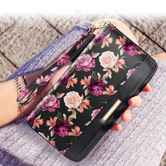 RFID Blocking Clutch Wallet w/Wrist Strap, Roses on Black