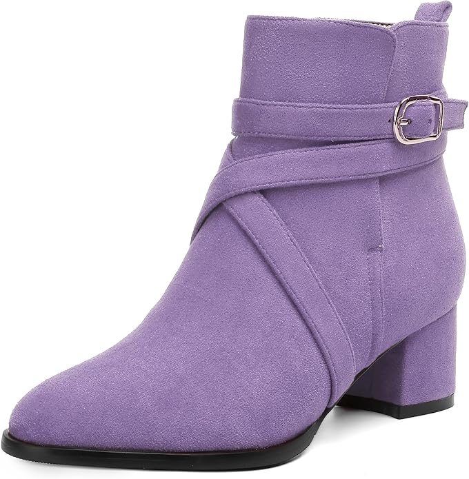 Women's Round Toe Suede Ankle Boots w/Straps and Buckle Accents, Low Chunky Heel  (24 colors)