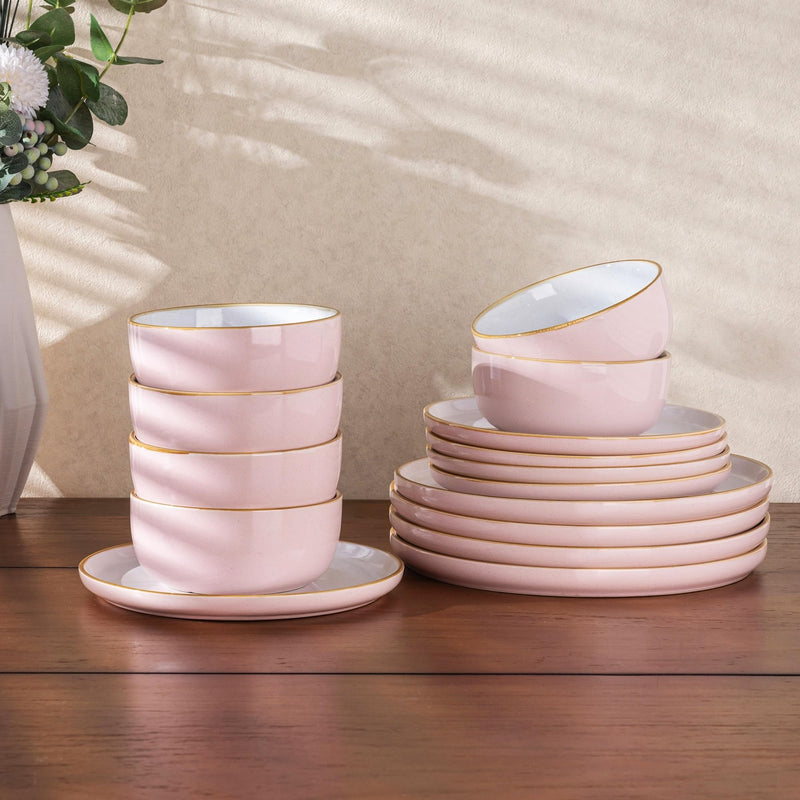 12 Piece Dinnerware Set, Ceramic Plates and Bowls, Handpainted Stoneware, Service for 4  (9 colors)