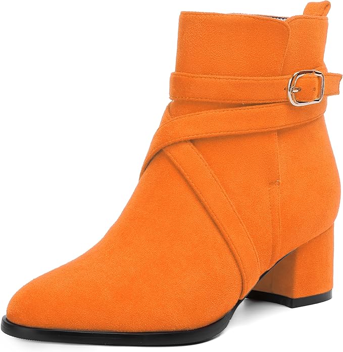 Women's Round Toe Suede Ankle Boots w/Straps and Buckle Accents, Low Chunky Heel  (24 colors)