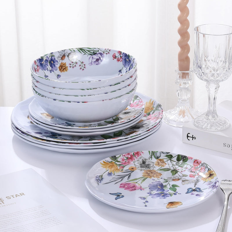 12-Pc Melamine Floral Dinnerware Set, Flowers & Butterflies, BPA-Free, Service for 4