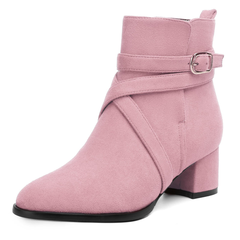 Women's Round Toe Suede Ankle Boots w/Straps and Buckle Accents, Low Chunky Heel  (24 colors)