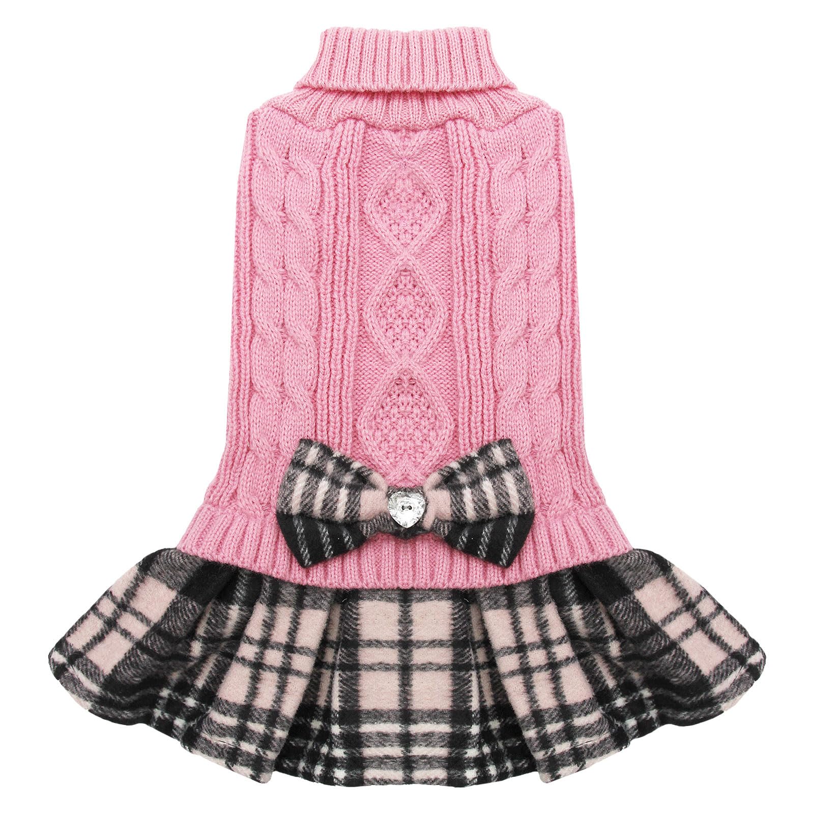 Dog Sweater, Pink Cable Knit & Gingham Plaid Print w/Bowtie Pullover Dress, 6 Sizes, Up to 80lbs