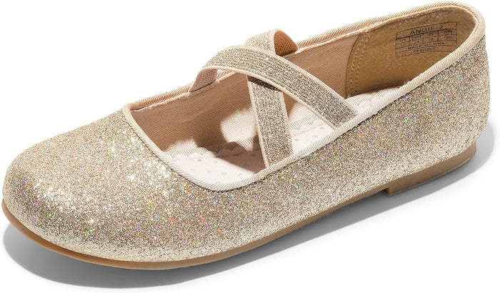 Girls Sparkle Ballerina Dress Shoes, Cross-Strap Mary Jane Flats  (7 colors)