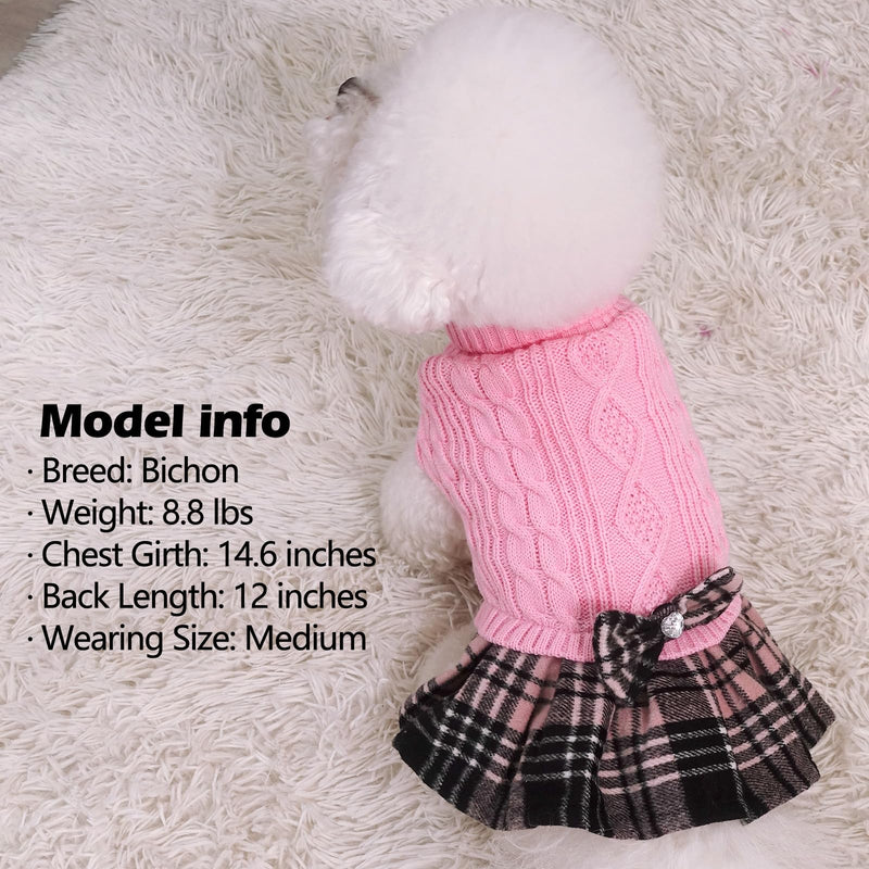 Dog Sweater, Pink Cable Knit & Gingham Plaid Print w/Bowtie Pullover Dress, 6 Sizes, Up to 80lbs