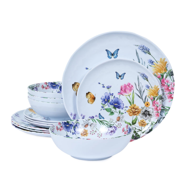 12-Pc Melamine Floral Dinnerware Set, Flowers & Butterflies, BPA-Free, Service for 4