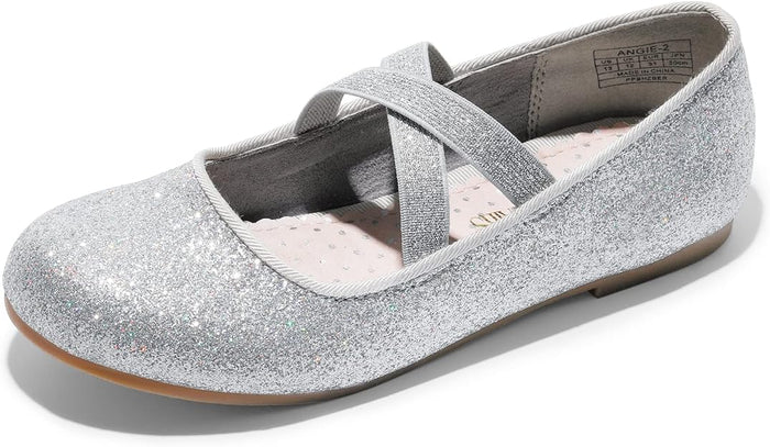 Girls Sparkle Ballerina Dress Shoes, Cross-Strap Mary Jane Flats  (7 colors)