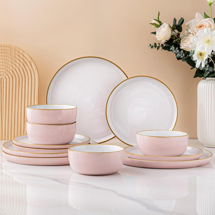 12 Piece Dinnerware Set, Ceramic Plates and Bowls, Handpainted Stoneware, Service for 4  (9 colors)