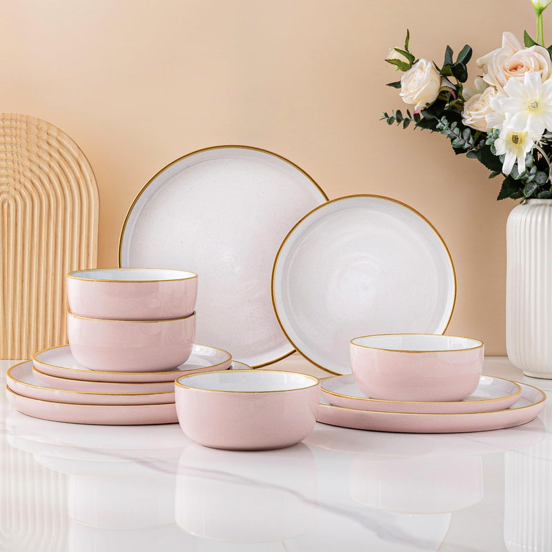 12 Piece Dinnerware Set, Ceramic Plates and Bowls, Handpainted Stoneware, Service for 4  (9 colors)
