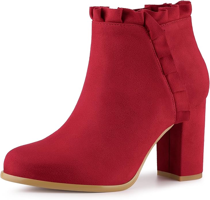 Women's Round Toe Ankle Boot, Sueded, Ruffled, High Block Heel  (7 colors)