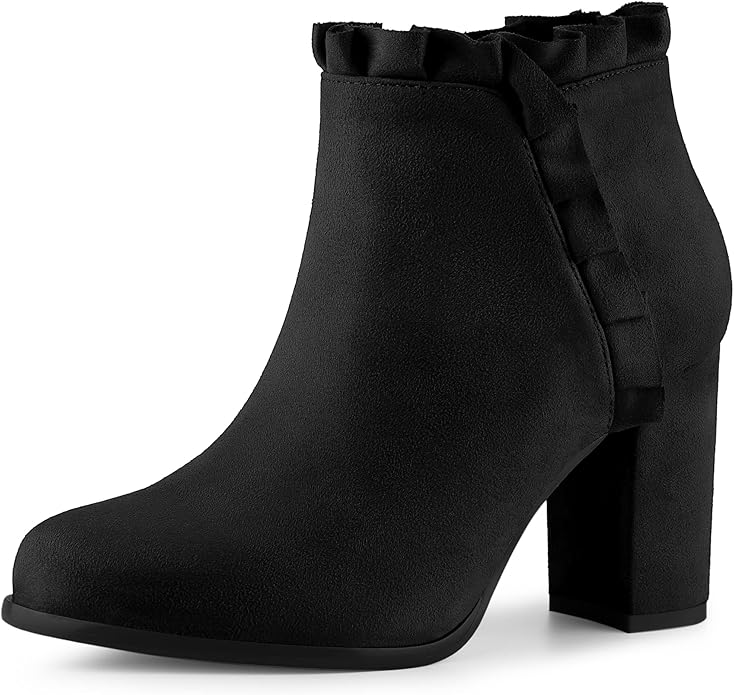 Women's Round Toe Ankle Boot, Sueded, Ruffled, High Block Heel  (7 colors)