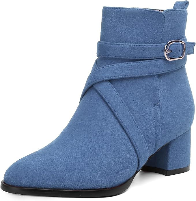 Women's Round Toe Suede Ankle Boots w/Straps and Buckle Accents, Low Chunky Heel  (24 colors)