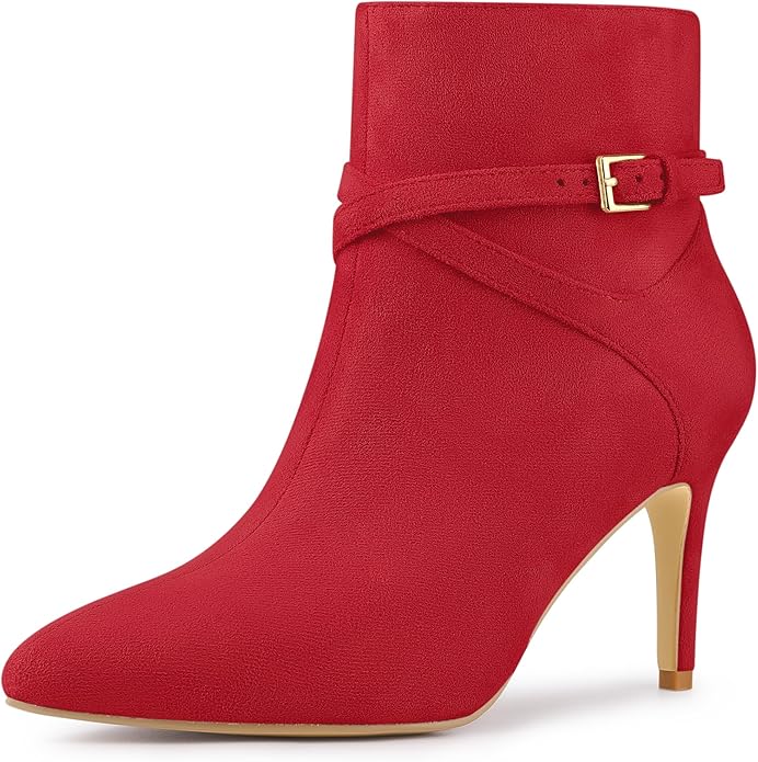 Women's Pointy Toe Faux Suede Ankle Boots with Cross Straps and Buckle  (6 colors)