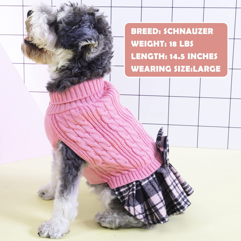 Dog Sweater, Pink Cable Knit & Gingham Plaid Print w/Bowtie Pullover Dress, 6 Sizes, Up to 80lbs