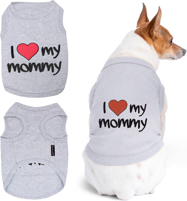 "I Love My Mommy" Embroidered Sleeveless Pet T-Shirt Vest, Sizes Small to 5XL or 140lbs, Pink or Gray