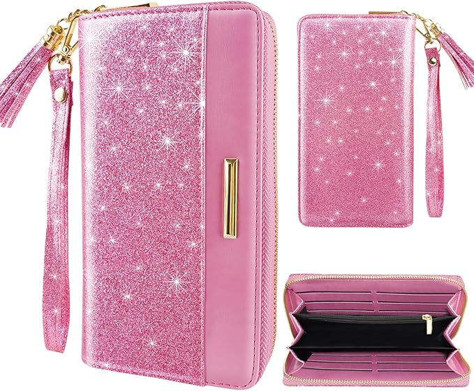 RFID Blocking Clutch Wallet w/Wrist Strap and Tassel, Glitter Leather  (5 colors)