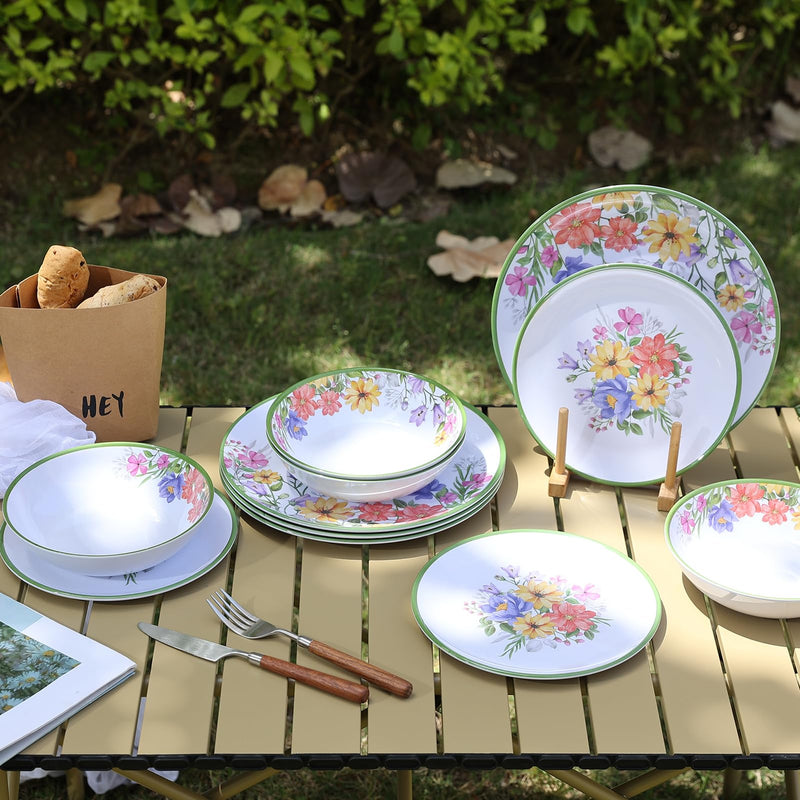 12-Pc Melamine Spring Flowers Dinnerware Set, Flowers & Butterflies, BPA-Free, Service for 4