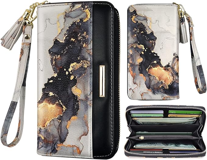 RFID Blocking Clutch Wallet w/Wrist Strap, Watercolors w/Gold Marble  (4 colors)