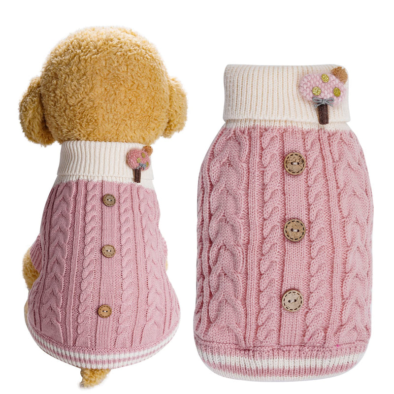 Pet Sweater, Cable Knit Turtleneck Dog or Cat Pullover Winter Coat w/Button Trim, Pink and Ivory