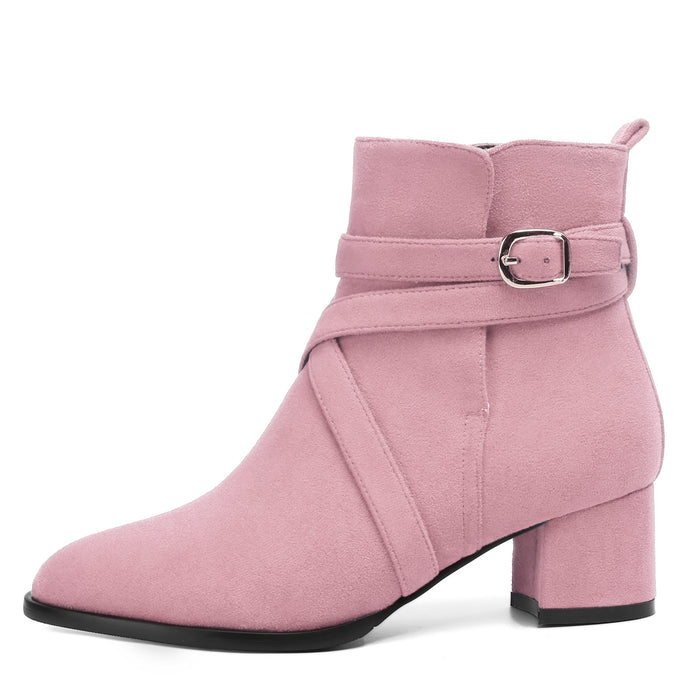 Women's Round Toe Suede Ankle Boots w/Straps and Buckle Accents, Low Chunky Heel  (24 colors)