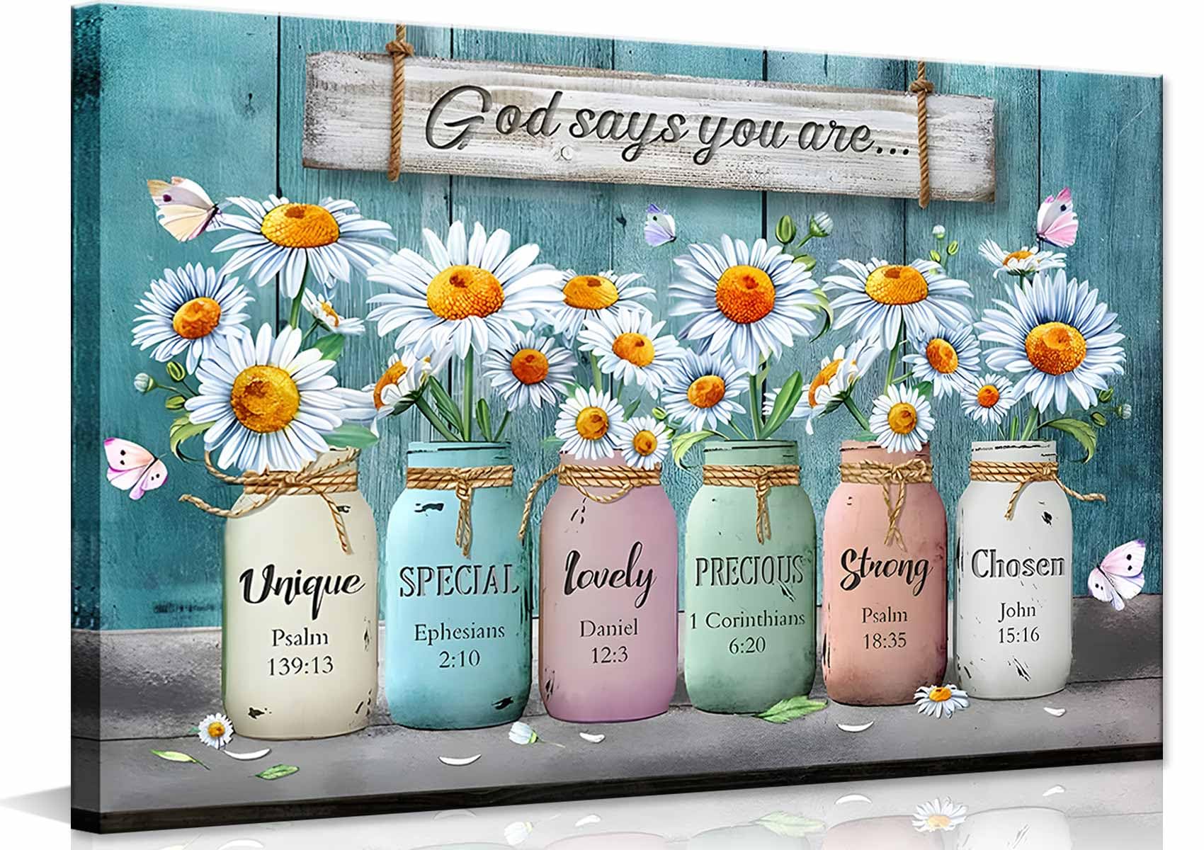 "God Says You Are" Inspirational Bible Verses Floral Canvas Wall Art Home Decor, Living Room, Bathroom  (2 sizes)