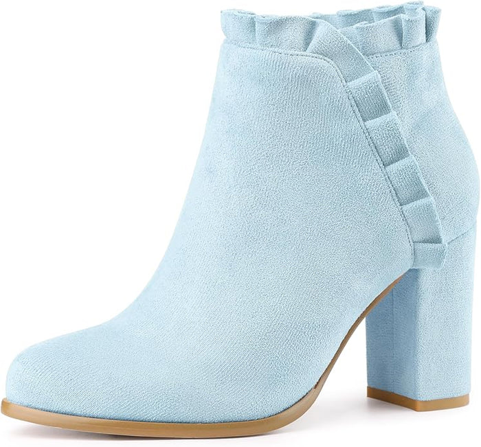 Women's Round Toe Ankle Boot, Sueded, Ruffled, High Block Heel  (7 colors)