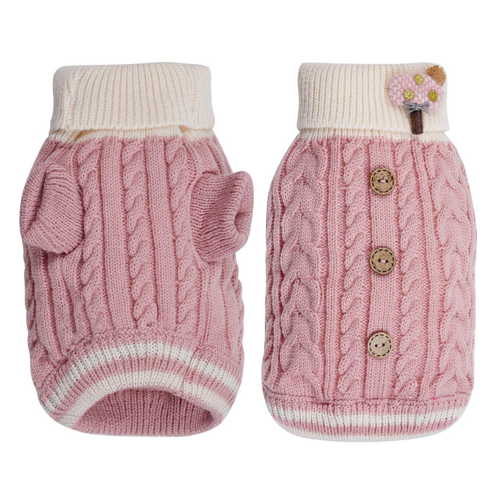 Pet Sweater, Cable Knit Turtleneck Dog or Cat Pullover Winter Coat w/Button Trim, Pink and Ivory