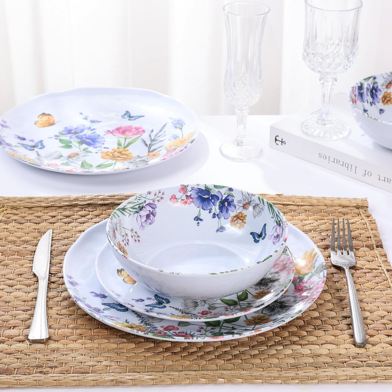 12-Pc Melamine Floral Dinnerware Set, Flowers & Butterflies, BPA-Free, Service for 4