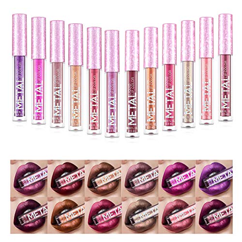 12 Intense Colors Lip Gloss Set, Long-Lasting Waterproof Metallic Shimmer Lipstick - Pink and Caboodle