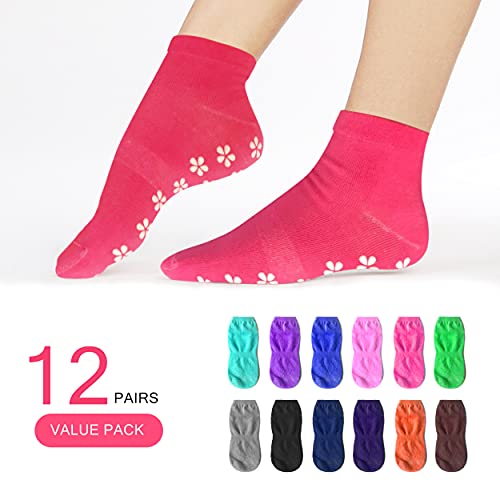 12 Pairs Slipper Socks for Women Non Slip Skid Gripper Socks Trampoline Socks for Adults Women Hospital Socks Yoga Socks(sakura-multicolor-12) - Pink and Caboodle