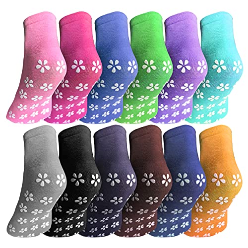 12 Pairs Slipper Socks for Women Non Slip Skid Gripper Socks Trampoline Socks for Adults Women Hospital Socks Yoga Socks(sakura-multicolor-12) - Pink and Caboodle