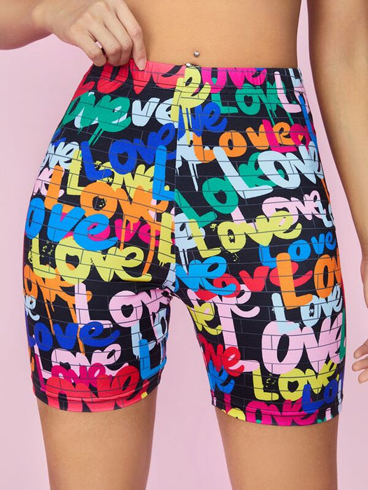 Love Letters Graphic High Waist Stretch Exercise Yoga Biker Shorts